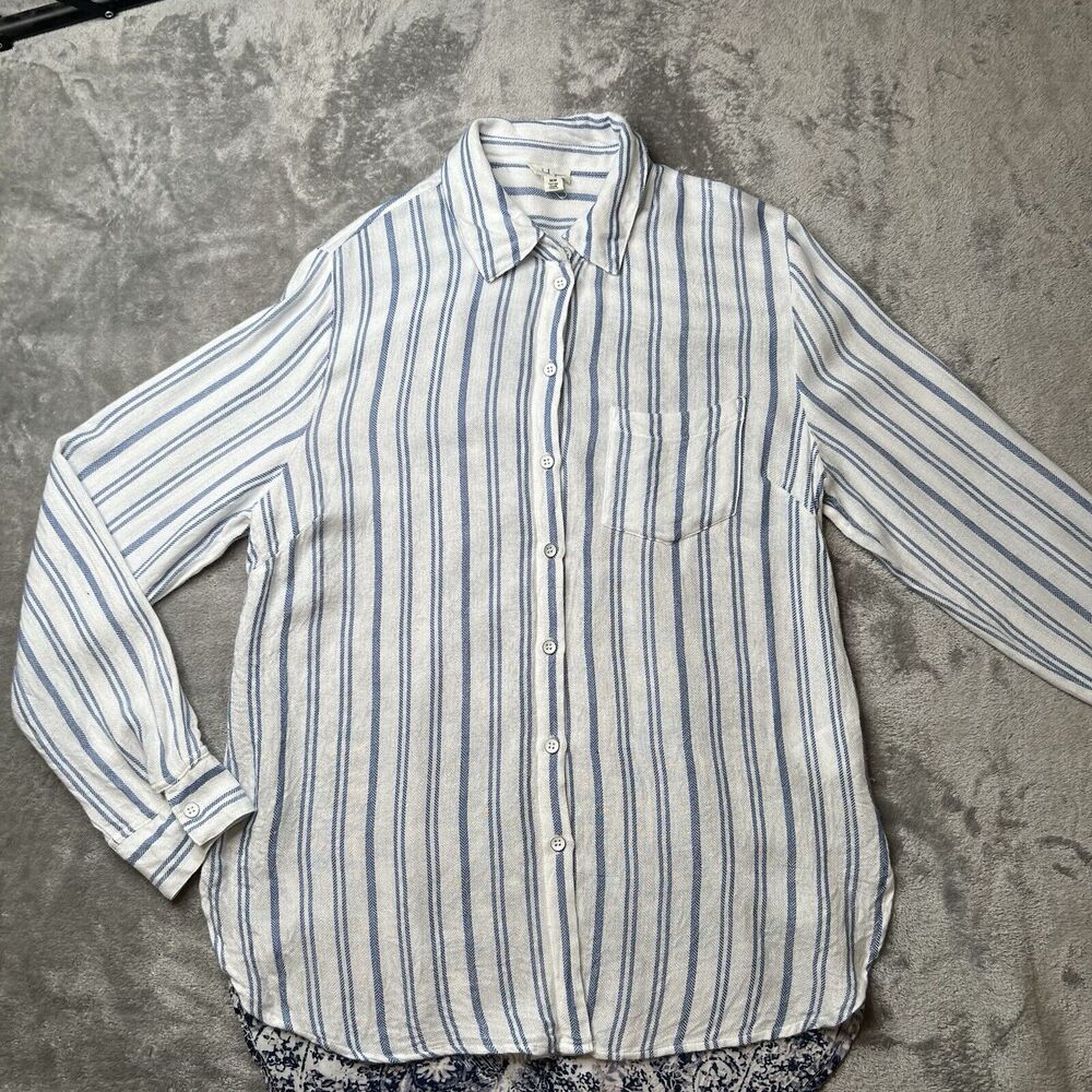 Tribal Jeans Top Women's Medium White Blue Striped Pink Floral Long Sleeve